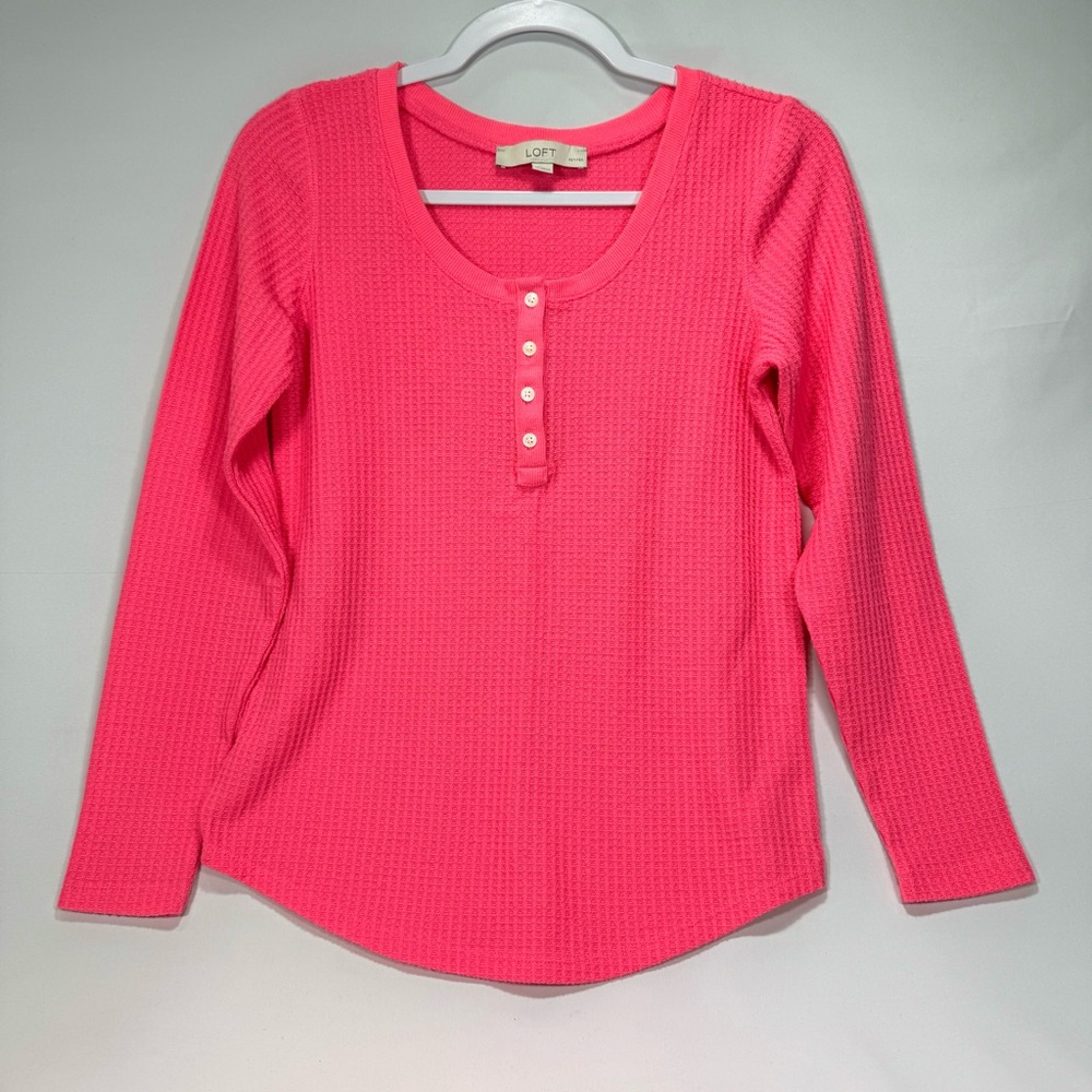 Loft Women's Longsleeve Waffle Knit Henley Button Small Petite SP Pink Shirt Top